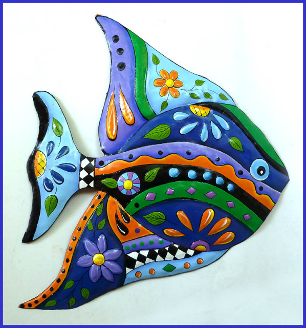 Painted Metal Tropical Fish Wall Hanging in Bright Colors - 21" x 25"